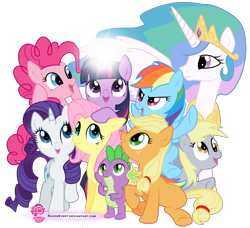 Size: 4000x3646 | Tagged: safe, artist:ravenevert, character:applejack, character:derpy hooves, character:fluttershy, character:pinkie pie, character:princess celestia, character:rainbow dash, character:rarity, character:spike, character:twilight sparkle, species:pegasus, species:pony, cute, female, glowing horn, group shot, high res, horn, magic, mane seven, mane six, mare, open mouth, simple background, transparent background, vector