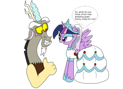 Size: 2750x2001 | Tagged: safe, artist:lorettafox, character:discord, character:twilight sparkle, character:twilight sparkle (alicorn), species:alicorn, species:pony, ship:discolight, clothing, dress, eyeshadow, female, high res, makeup, male, shipping, straight, wedding dress