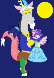 Size: 614x883 | Tagged: safe, artist:lorettafox, character:discord, character:twilight sparkle, species:alicorn, species:pony, ship:discolight, beauty and the beast, female, male, parody, shipping, straight