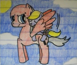 Size: 494x419 | Tagged: safe, artist:lorettafox, cloud, flying, lined paper, ponies riding ponies, traditional art