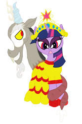 Size: 626x944 | Tagged: safe, artist:lorettafox, character:discord, character:twilight sparkle, ship:discolight, beauty and the beast, clothing, dress, female, male, parody, phantom of the opera, shipping, straight