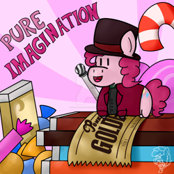 Size: 1280x1280 | Tagged: safe, artist:heart-pallette, artist:heartpallete, character:pinkie pie, candy, charlie and the chocolate factory, chocolate, crossover, female, food, golden ticket, smolpone, solo, willy wonka