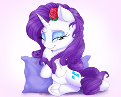 Size: 2500x2000 | Tagged: safe, artist:nobody47, character:rarity, species:pony, species:unicorn, belly button, cute, female, flower, flower in hair, frog (hoof), mare, one eye closed, pillow, raised hoof, raribetes, ring, rose, smiling, solo, underhoof