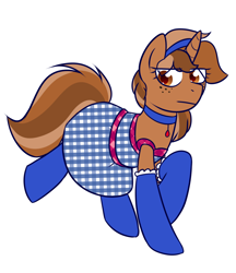 Size: 1084x1255 | Tagged: safe, artist:caballerial, oc, oc only, oc:sign, species:pony, species:unicorn, :i, choker, clothing, dress, headband, looking at you, sign, simple background, socks, solo, unmoving plaid, white background