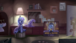 Size: 4000x2250 | Tagged: safe, artist:sycreon, character:trixie, species:pony, species:unicorn, bedroom eyes, eyes on the prize, female, levitation, licking, licking lips, magic, mare, needle, open mouth, poster, sitting, smiling, smirk, stitching, telekinesis, thread, tongue out, trixie's cape, trixie's hat, underhoof, wand, watch