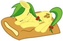 Size: 804x520 | Tagged: safe, artist:mansun, character:apple fritter, apple family member, apple fritter (food), female, food, sleeping, solo