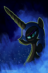Size: 575x863 | Tagged: safe, artist:bigponymac, character:nightmare moon, character:princess luna, species:alicorn, species:pony, bust, female, helmet, lidded eyes, mare, portrait, solo
