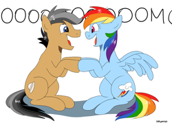 Size: 1400x1000 | Tagged: safe, artist:zoruanna, character:quibble pants, character:rainbow dash, species:earth pony, species:pegasus, species:pony, ship:quibbledash, episode:stranger than fanfiction, g4, my little pony: friendship is magic, fangirling, female, holding hooves, male, shipping, simple background, sitting, smiling, straight, white background