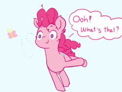 Size: 1024x768 | Tagged: safe, artist:periodicbrony, character:pinkie pie, add, blue background, butterfly, cute, dialogue, diapinkes, ear fluff, female, looking at something, no pupils, simple background, solo, speech bubble