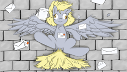Size: 1920x1080 | Tagged: safe, artist:periodicbrony, character:derpy hooves, species:pegasus, species:pony, chest fluff, feather, featureless crotch, female, mail, mailmare, mare, on back, smiling, solo, spread out hair, spread wings, wallpaper, wings
