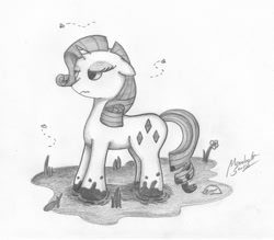 Size: 1143x1000 | Tagged: safe, artist:moonlightscribe, character:rarity, female, fly, monochrome, mud, solo