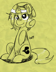 Size: 625x799 | Tagged: safe, artist:coin-trip39, oc, oc only, oc:heartbreak, species:earth pony, species:pony, branding, clothing, cross-eyed, cute, derp, female, hat, heart, human in equestria, human to pony, i like turtles, male to female, mare, messy mane, my little heartbreak, rule 63, sitting, solo, turtle