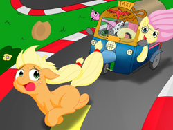 Size: 1200x900 | Tagged: safe, artist:periodicbrony, character:angel bunny, character:applejack, character:fluttershy, chase, driving, hatless, missing accessory, psychoshy, road, running, trio, tuk tuk