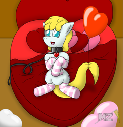 Size: 2029x2095 | Tagged: safe, artist:metalzaki, oc, oc only, oc:tender heart, species:earth pony, species:pony, balloon, bed, blue eyes, charm, clothing, collar, colored pupils, female, heart balloon, heart bed, heart pillow, heart shaped bed, latex, latex socks, leash, lying down, male, on back, open mouth, pillow, socks, stallion, striped socks