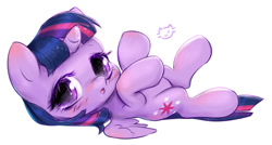 Size: 800x429 | Tagged: safe, artist:catmag, character:twilight sparkle, character:twilight sparkle (alicorn), species:alicorn, species:pony, :o, blushing, chibi, cute, eyelashes, female, looking at you, on back, simple background, solo, twiabetes, white background