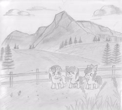 Size: 3684x3306 | Tagged: safe, artist:periodicbrony, character:apple bloom, character:scootaloo, character:sweetie belle, cutie mark, cutie mark crusaders, monochrome, raised hoof, scenery, the cmc's cutie marks, traditional art