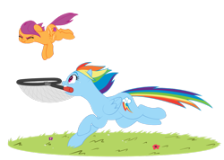 Size: 1024x729 | Tagged: safe, artist:petalierre, character:rainbow dash, character:scootaloo, butterfly net, cutie mark, eyes closed, flying, mouth hold, net, running, scootaloo can fly, scootalove, the cmc's cutie marks