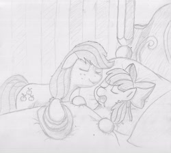 Size: 3684x3306 | Tagged: safe, artist:periodicbrony, character:apple bloom, character:applejack, bed, drool, eyes closed, monochrome, open mouth, sisters, sleeping, snoring, traditional art