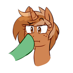 Size: 1000x1000 | Tagged: safe, artist:caballerial, oc, oc only, oc:grass, oc:sign, species:pony, species:unicorn, :t, boop, bust, freckles, nose wrinkle, offscreen character, raised eyebrow, simple background, solo focus, unamused