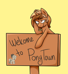 Size: 1280x1386 | Tagged: safe, artist:caballerial, oc, oc only, oc:sign, oc:stone, species:pony, species:unicorn, pony town, :t, freckles, pointing, sign, simple background, solo