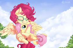 Size: 4500x3000 | Tagged: safe, artist:nobody47, character:fluttershy, character:posey shy, species:pegasus, species:pony, absurd resolution, cloud, cute, duo, ear piercing, earring, eyes closed, female, filly, filly fluttershy, floating, glasses, hug, jewelry, mare, mother and daughter, one eye closed, outdoors, piercing, shyabetes, sky, smiling, spread wings, tree, underhoof, weapons-grade cute, wings
