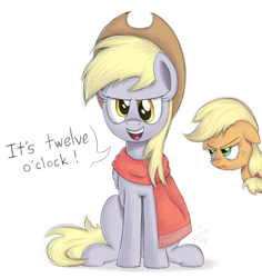 Size: 1554x1643 | Tagged: safe, artist:manual-monaro, character:applejack, character:derpy hooves, species:earth pony, species:pegasus, species:pony, accessory swap, accessory theft, angry, applejack is not amused, applejack wants her hat back, applejack's hat, close enough, clothing, cosplay, costume, cowboy hat, crossover, dialogue, female, floppy ears, freckles, frown, glare, hat, hatless, it's high noon, jesse mccree, lidded eyes, looking at you, mare, missing accessory, open mouth, overwatch, scarf, simple background, sitting, smiling, smirk, this will end in angry countryisms, this will end in pain, this will end in pain and/or angry countryisms, towel, unamused, white background, you had one job