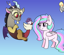 Size: 1400x1200 | Tagged: safe, artist:pigzfairy, character:discord, character:princess celestia, species:alicorn, species:bird, species:draconequus, species:pony, ship:dislestia, blank flank, bouquet, cewestia, cute, cutelestia, discute, duo focus, female, filly, filly celestia, flower, foal, gradient background, male, prehensile tail, shipping, smiling, standing, straight, tail hold, young discord, younger