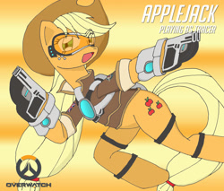 Size: 2726x2319 | Tagged: safe, artist:bakumaru01, character:applejack, newbie artist training grounds, clothing, cosplay, costume, crossover, female, goggles, overwatch, solo, tracer