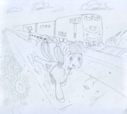Size: 3684x3298 | Tagged: safe, artist:periodicbrony, character:applejack, newbie artist training grounds, clothing, cloud, female, flower, ge genesis, hatless, hoodie, leaf, locomotive, missing accessory, railroad, railroad crossing, running, solo, traditional art, train