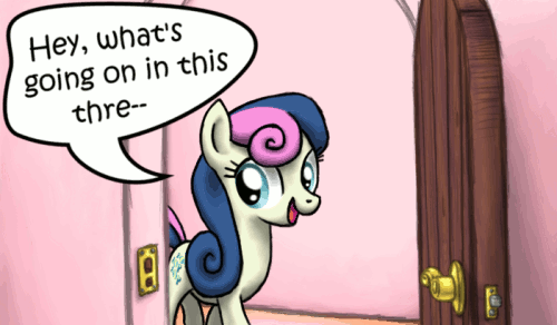 Size: 500x292 | Tagged: safe, artist:myminiatureequine, character:bon bon, character:sweetie drops, species:earth pony, species:pony, ..., abandon thread, animated, dialogue, door, female, gif, mare, reaction image, smiling, solo, standing, what's going on in this thread