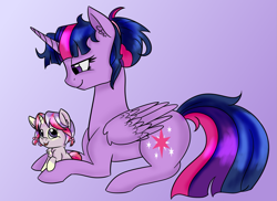Size: 1649x1200 | Tagged: safe, artist:pigzfairy, character:twilight sparkle, character:twilight sparkle (alicorn), oc, oc:star gazer, parent:moondancer, parent:twilight sparkle, parents:twidancer, species:alicorn, species:pony, species:unicorn, alternate hairstyle, blep, chest fluff, cute, female, filly, fluffy, gradient background, hair bun, hug, lidded eyes, looking down, magical lesbian spawn, messy mane, offspring, prone, sitting, smiling, tongue out