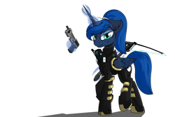 Size: 3000x2000 | Tagged: safe, artist:vinaramic, character:princess luna, species:alicorn, species:pony, armor, blaster, crossover, dead space, ear fluff, energy weapon, female, frown, glowing horn, gun, handgun, hooves, horn, levitation, looking at you, magic, mare, pistol, ponytail, raised eyebrow, raised hoof, raised leg, shadow, simple background, solo, space suit, stitches, telekinesis, transparent background, walking, weapon, wings