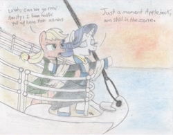 Size: 1089x850 | Tagged: safe, artist:brogararts, character:applejack, character:rarity, ship:rarijack, episode:p.p.o.v. (pony point of view), g4, my little pony: friendship is magic, clothing, dialogue, female, lesbian, shipping, titanic, traditional art