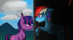 Size: 3439x1878 | Tagged: safe, artist:fizzlesoda2000, character:rainbow dash, character:twilight sparkle, angry, arrested, betrayal, bound wings, chains, cuffs, gritted teeth, prisoner rd, shackles, tyrant sparkle, wagon