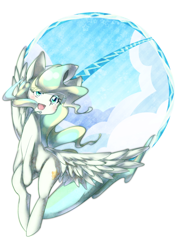 Size: 634x900 | Tagged: safe, artist:nabebuta, character:vapor trail, species:pegasus, species:pony, g4, blushing, cloud, cute, eye clipping through hair, female, mare, open mouth, solo, spread wings, vaporbetes, wings