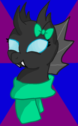 Size: 523x844 | Tagged: safe, artist:vorian caverns, oc, oc only, oc:axis the changeling, species:changeling, blue eyes, bow, bust, changeling oc, clothing, portrait, scarf, sketch, smiling, solo