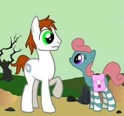 Size: 687x642 | Tagged: safe, artist:vorian caverns, oc, oc only, oc:able, oc:vorian caverns, species:earth pony, species:pegasus, species:pony, fallout equestria, brown hair, curly hair, cute, cutie mark, dead tree, dirt path, eye contact, female, green eyes, leaning forward, looking at each other, looking down, looking up, male, mare, pink hair, purple eyes, raised hoof, rock, saddle bag, short, short hair, simple background, smiling, stallion, striped legs, tree, unsure, wavy mouth, wide eyes, young
