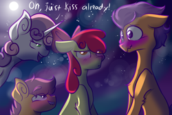 Size: 1024x683 | Tagged: safe, artist:moonfur83, artist:olivecow, character:apple bloom, character:scootaloo, character:sweetie belle, character:tender taps, ship:tenderbloom, apple bloom is not amused, blushing, collaboration, cutie mark crusaders, cutie ship crusaders, dialogue, lip bite, male, scootaloo the shipper, shipper on deck, shipping, straight, sweetie the shipper, wavy mouth