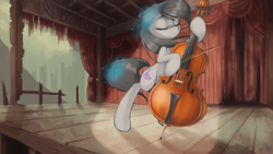 Size: 2400x1350 | Tagged: safe, artist:darksittich, character:octavia melody, fallout equestria, bow (instrument), cello, cello bow, cover art, female, ghost, musical instrument, solo, spotlight, stable-tec, stage