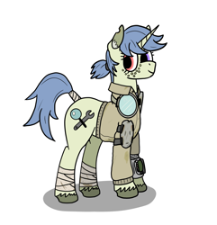Size: 1463x1520 | Tagged: safe, artist:bojangleee, oc, oc only, oc:make do, species:pony, species:unicorn, fallout equestria, dirty, freckles, goggles, heterochromia, pipbuck, solo, tail wrap