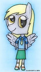 Size: 511x900 | Tagged: safe, artist:dachosta, character:derpy hooves, species:anthro, my little pony:equestria girls, clothing, cute, female, necktie, sandals, skirt, socks, socks with sandals, solo, wings