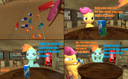 Size: 1200x750 | Tagged: safe, artist:b0rkinbad, character:rainbow dash, character:scootaloo, comic:the bet, 3d, coca-cola, comic, dialogue, energy drink, gmod, orange soda, red bull, sprite