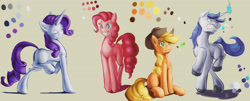 Size: 5000x2011 | Tagged: safe, artist:double-zr-tap, character:pinkie pie, character:rarity, character:shining armor, color palette, eyes closed, grin, gritted teeth, magic, raised hoof, sitting, smiling