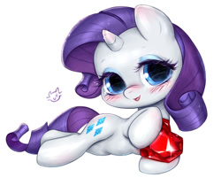 Size: 600x502 | Tagged: safe, artist:catmag, character:rarity, blushing, chibi, cute, ear blush, female, fire ruby, horn blush, raribetes, simple background, solo, white background