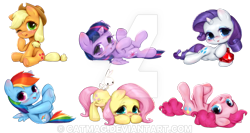 Size: 600x320 | Tagged: safe, artist:catmag, character:angel bunny, character:applejack, character:fluttershy, character:pinkie pie, character:rainbow dash, character:rarity, character:twilight sparkle, character:twilight sparkle (alicorn), species:alicorn, species:pony, blushing, chibi, deviantart watermark, ear blush, fire ruby, lying down, mane six, obtrusive watermark, on back, simple background, transparent background, watermark