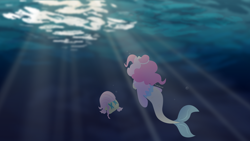 Size: 3840x2160 | Tagged: safe, artist:treblesketchofficial, character:fluttershy, character:pinkie pie, ariel, crepuscular rays, duo, flounder, floundershy, flutterfish, looking up, mermaidized, partiel, pinkie tales, the little mermaid, underwater