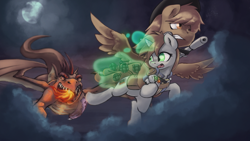 Size: 1920x1080 | Tagged: safe, artist:darksittich, oc, oc only, oc:calamity, oc:littlepip, oc:mister topaz, species:dragon, species:pegasus, species:pony, species:unicorn, fallout equestria, battle saddle, clothing, cloud, cutie mark, dashite, dragon wings, fanfic, fanfic art, fangs, female, fire, flying, glowing horn, grenade, gun, hat, hooves, horn, levitation, magic, male, mare, moon, open mouth, pipbuck, rifle, saddle bag, spread wings, stallion, teeth, telekinesis, this will end in explosions, vault suit, weapon, wings