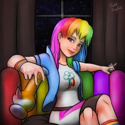 Size: 900x900 | Tagged: safe, alternate version, artist:mentalmongloid, character:rainbow dash, species:human, bong, couch, curtains, drugs, female, humanized, lighter, looking at you, night, sitting, solo, window