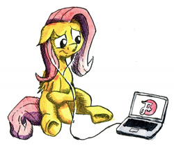 Size: 1702x1450 | Tagged: safe, artist:friendshipismetal777, character:fluttershy, computer, crosshatch, female, floppy ears, headphones, laptop computer, listening, looking at something, simple background, sitting, solo, the f plus, traditional art, unsure, white background, worried