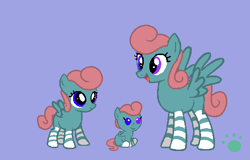 Size: 527x337 | Tagged: safe, artist:vorian caverns, oc, oc only, oc:vorian caverns, species:pegasus, species:pony, age progression, baby, baby pony, curly mane, curly tail, heterochromia, odd coloured eyes, pink hair, purple background, signature, simple background, striped legs, young